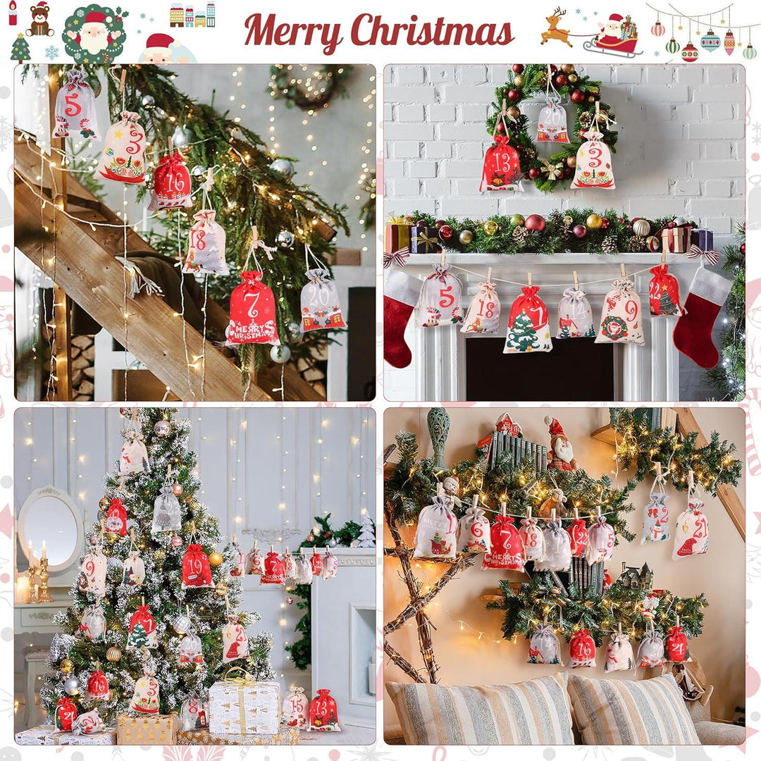 Adventskalender DIY zum Befüllen mit 24 Stoffbeuteln | Wiederverwendbare Weihnachtssäckchen in 2 Größen mit Holzklammern und 10 m Hanfseil