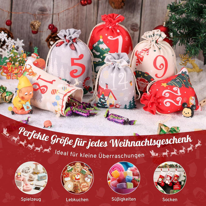 Adventskalender DIY zum Befüllen mit 24 Stoffbeuteln | Wiederverwendbare Weihnachtssäckchen in 2 Größen mit Holzklammern und 10 m Hanfseil