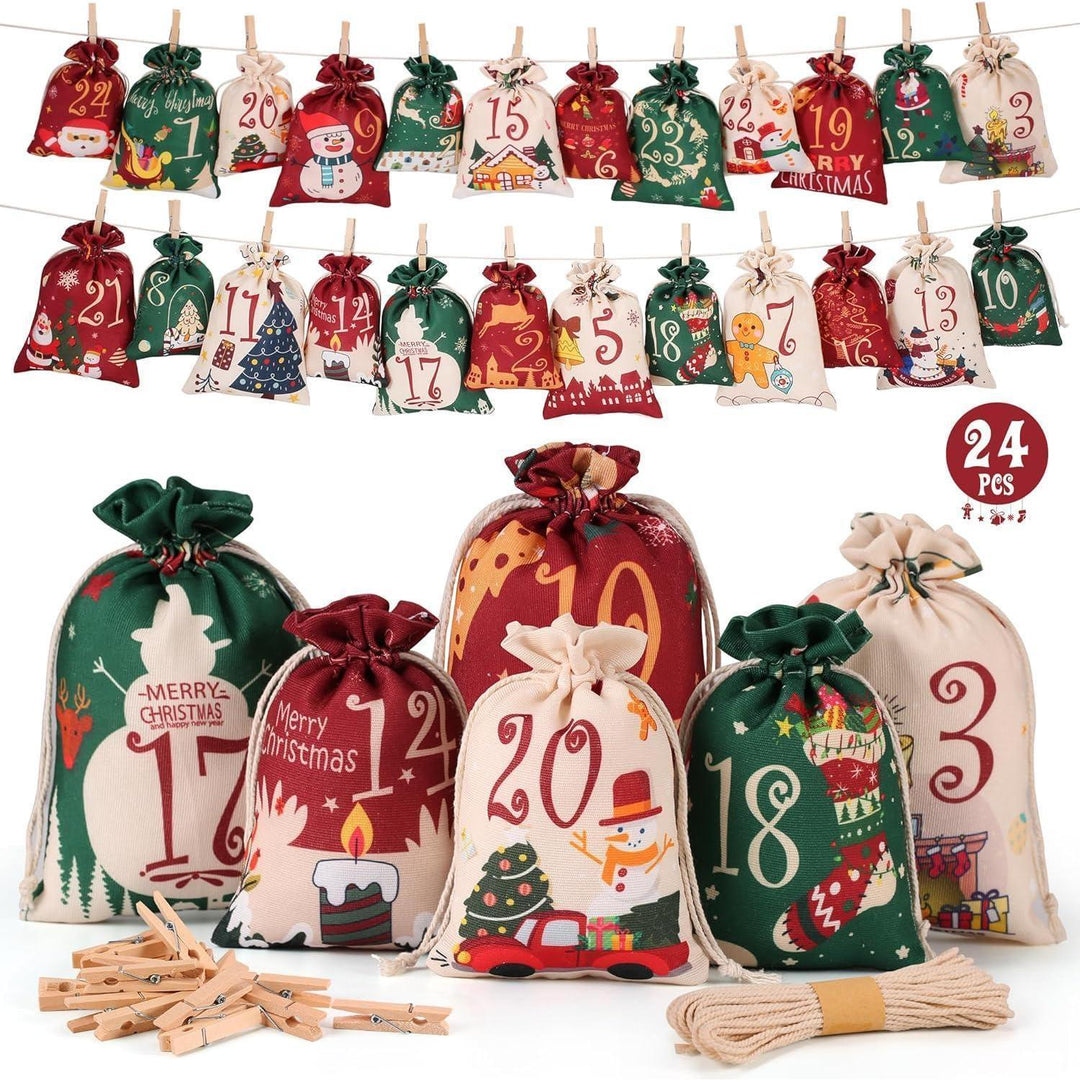 Adventskalender 2026 zum Befüllen mit 24 Stoffbeuteln | Wiederverwendbare Weihnachtssäckchen in Rot, Grün und Beige mit Holzklammern und Hanfseil