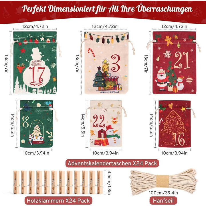 Adventskalender 2026 zum Befüllen mit 24 Stoffbeuteln | Wiederverwendbare Weihnachtssäckchen in Rot, Grün und Beige mit Holzklammern und Hanfseil