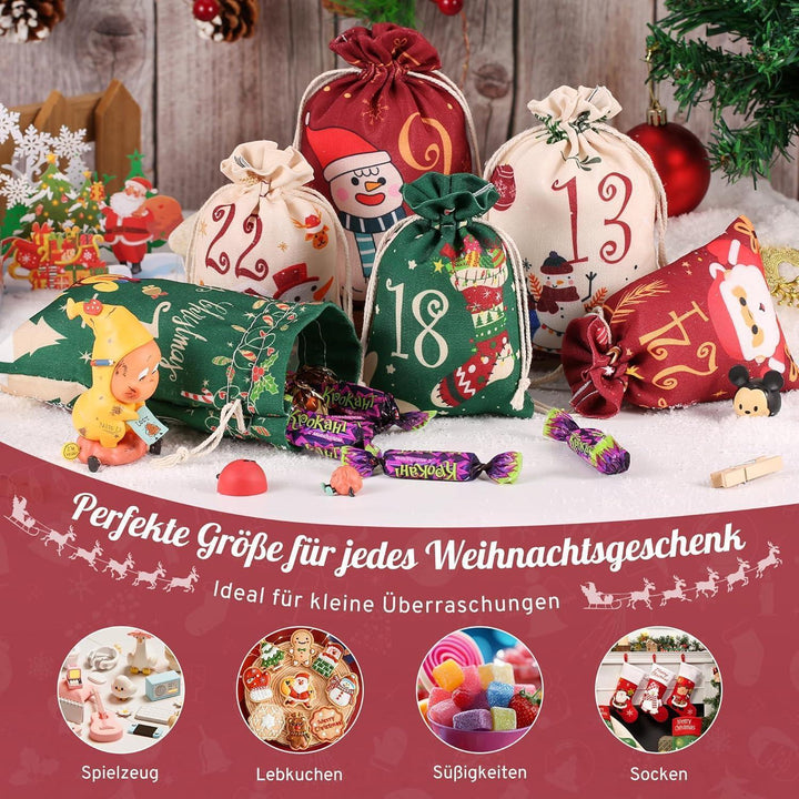 Adventskalender 2026 zum Befüllen mit 24 Stoffbeuteln | Wiederverwendbare Weihnachtssäckchen in Rot, Grün und Beige mit Holzklammern und Hanfseil
