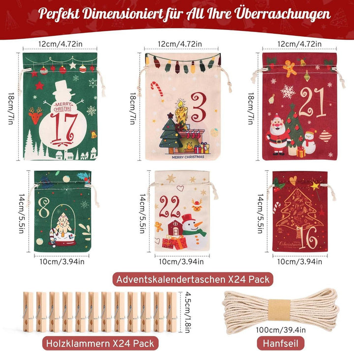 Adventskalender 2026 zum Befüllen mit 24 Stoffbeuteln | Wiederverwendbare Weihnachtssäckchen in Rot, Grün und Beige mit Holzklammern und Hanfseil