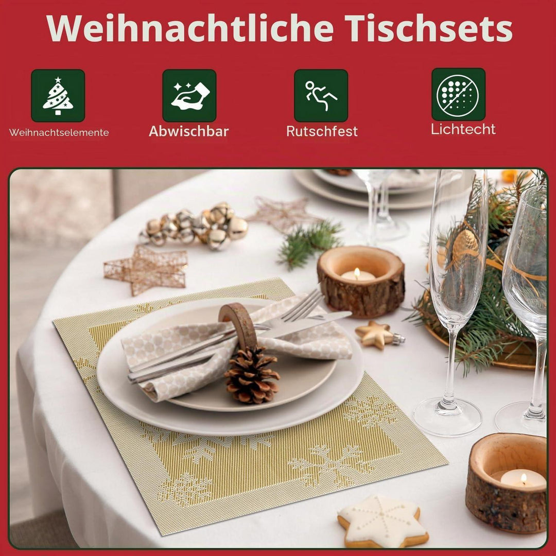 Weihnachts-Platzsets 6er Set in Gold 45 x 30 cm | Abwaschbare, rutschfeste Tischsets mit Weihnachtsmotiv, hitzebeständig bis 80 °C