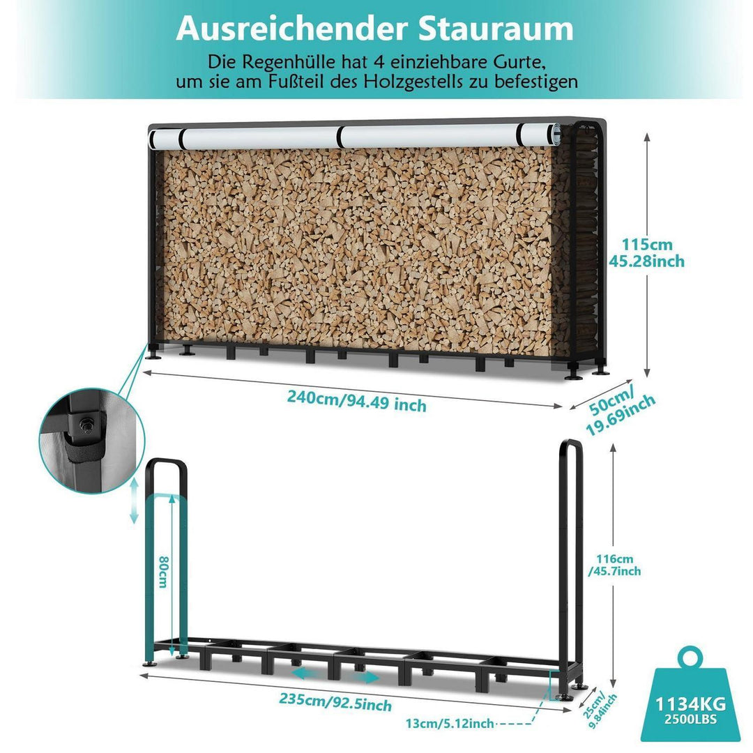 Kaminholzregal mit Abdeckung 235 x 25 x 116 cm | Wetterfestes Brennholzregal aus Stahl für Garten und Terrasse bis 1134 kg