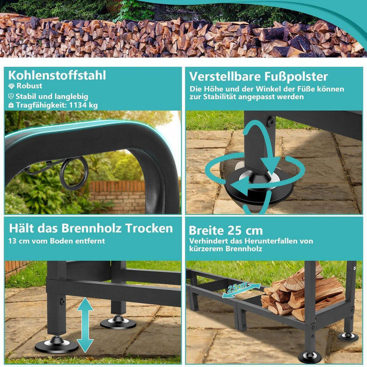 Kaminholzregal mit Abdeckung 235 x 25 x 116 cm | Wetterfestes Brennholzregal aus Stahl für Garten und Terrasse bis 1134 kg