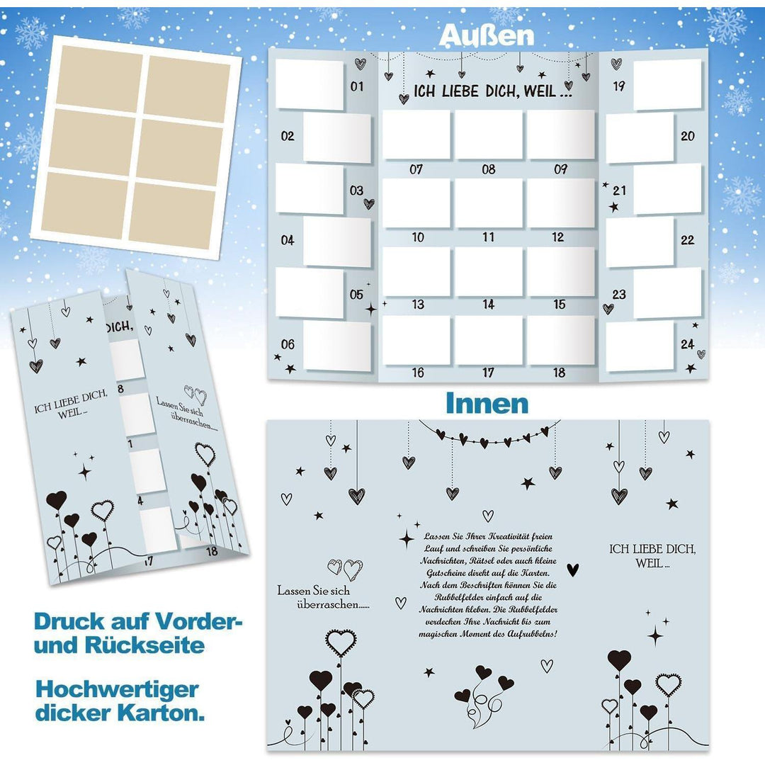 Adventskalender für Paare zum Selbstbefüllen mit 24 Rubbelfeldern | DIY Rubbelkalender mit Silberaufklebern für persönliche Liebesbotschaften