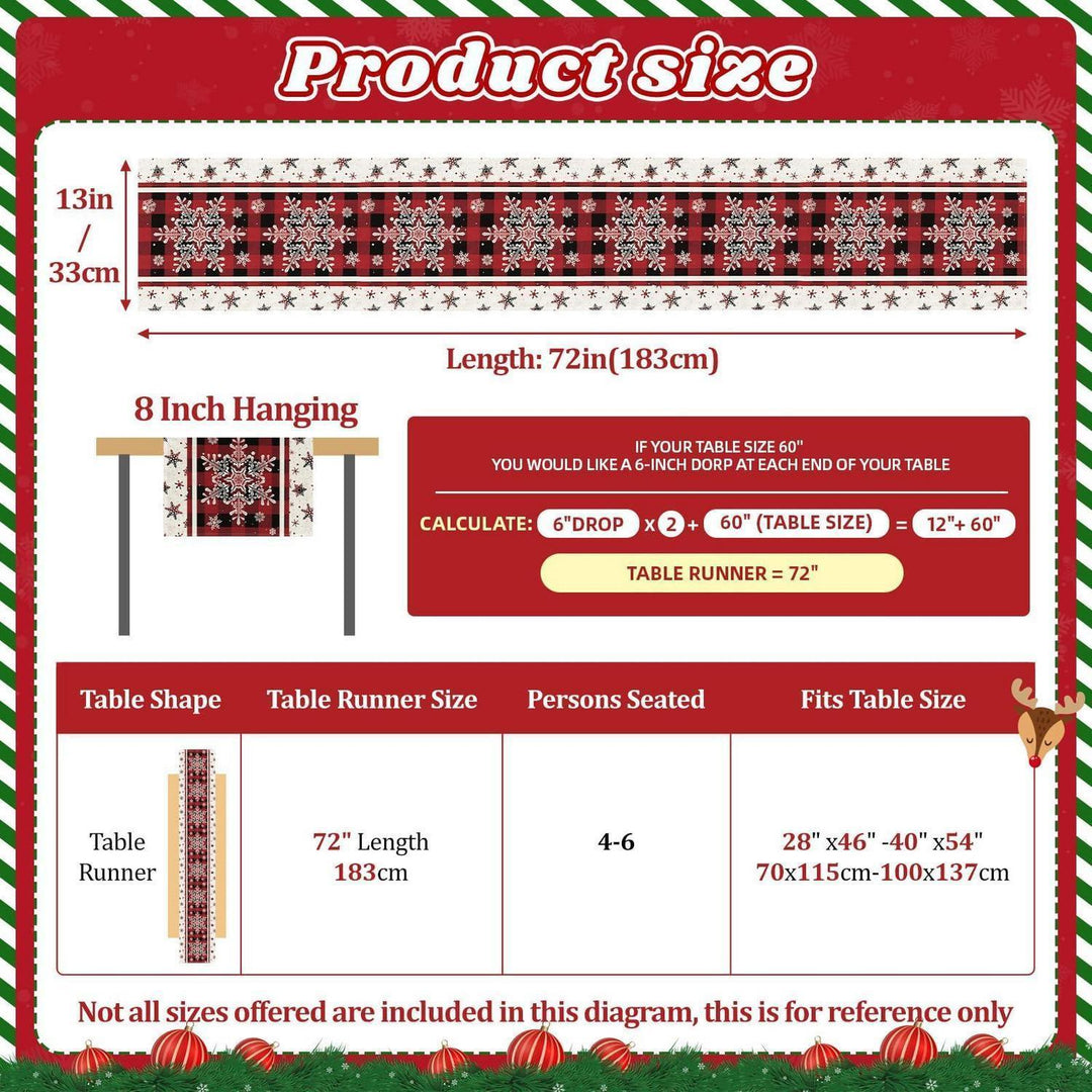 Weihnachtlicher Tischläufer aus Leinen mit Schneeflocken | Rot-schwarzes Karomuster, 183 x 33 cm, waschbare Tischdeko für Weihnachten