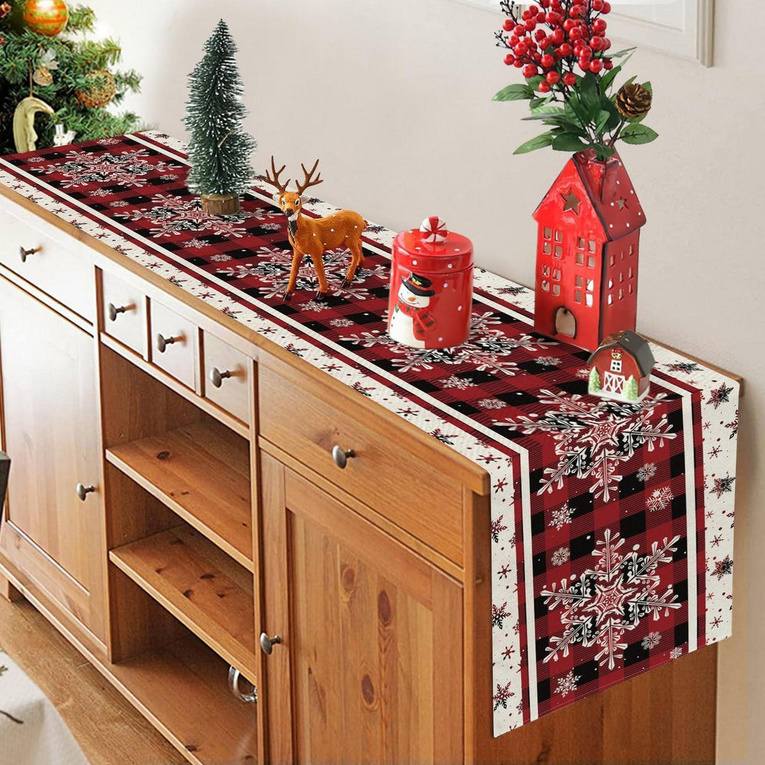 Weihnachtlicher Tischläufer aus Leinen mit Schneeflocken | Rot-schwarzes Karomuster, 183 x 33 cm, waschbare Tischdeko für Weihnachten