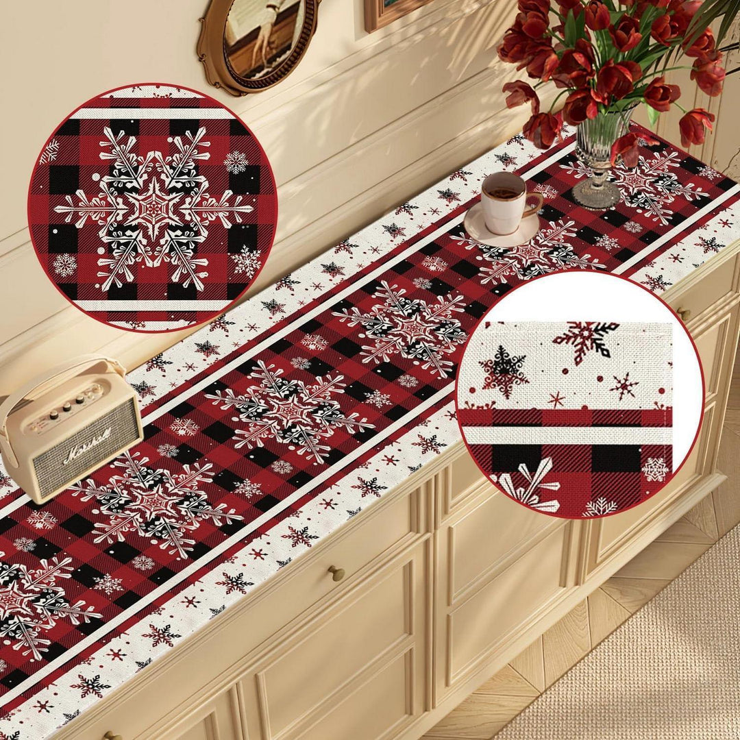 Weihnachtlicher Tischläufer aus Leinen mit Schneeflocken | Rot-schwarzes Karomuster, 183 x 33 cm, waschbare Tischdeko für Weihnachten