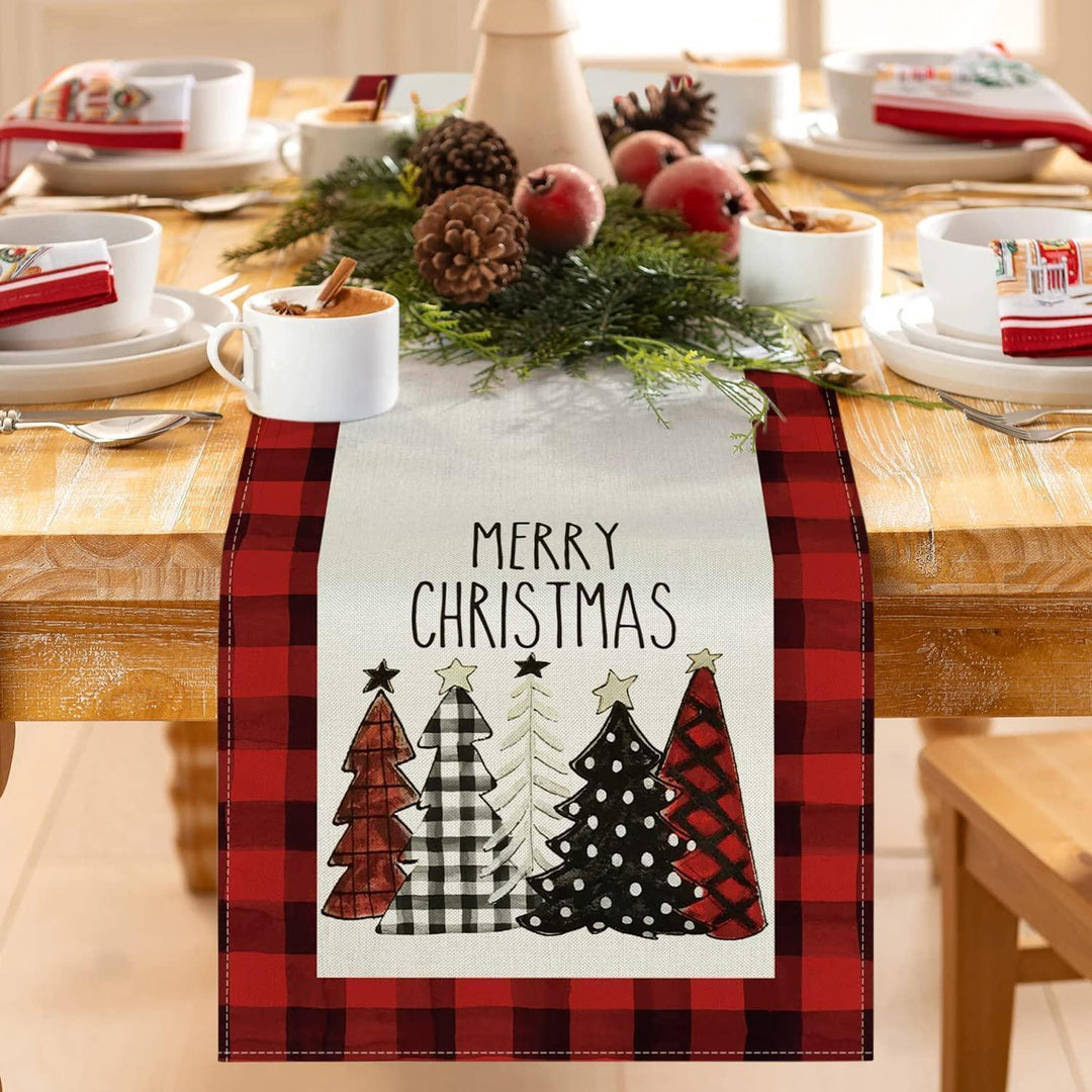 Weihnachtlicher Tischläufer aus Leinen in Rot | 180 x 33 cm mit Weihnachtsbaum-Motiv, moderne Tischdeko für Weihnachten und Advent