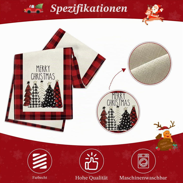 Weihnachtlicher Tischläufer aus Leinen in Rot | 180 x 33 cm mit Weihnachtsbaum-Motiv, moderne Tischdeko für Weihnachten und Advent