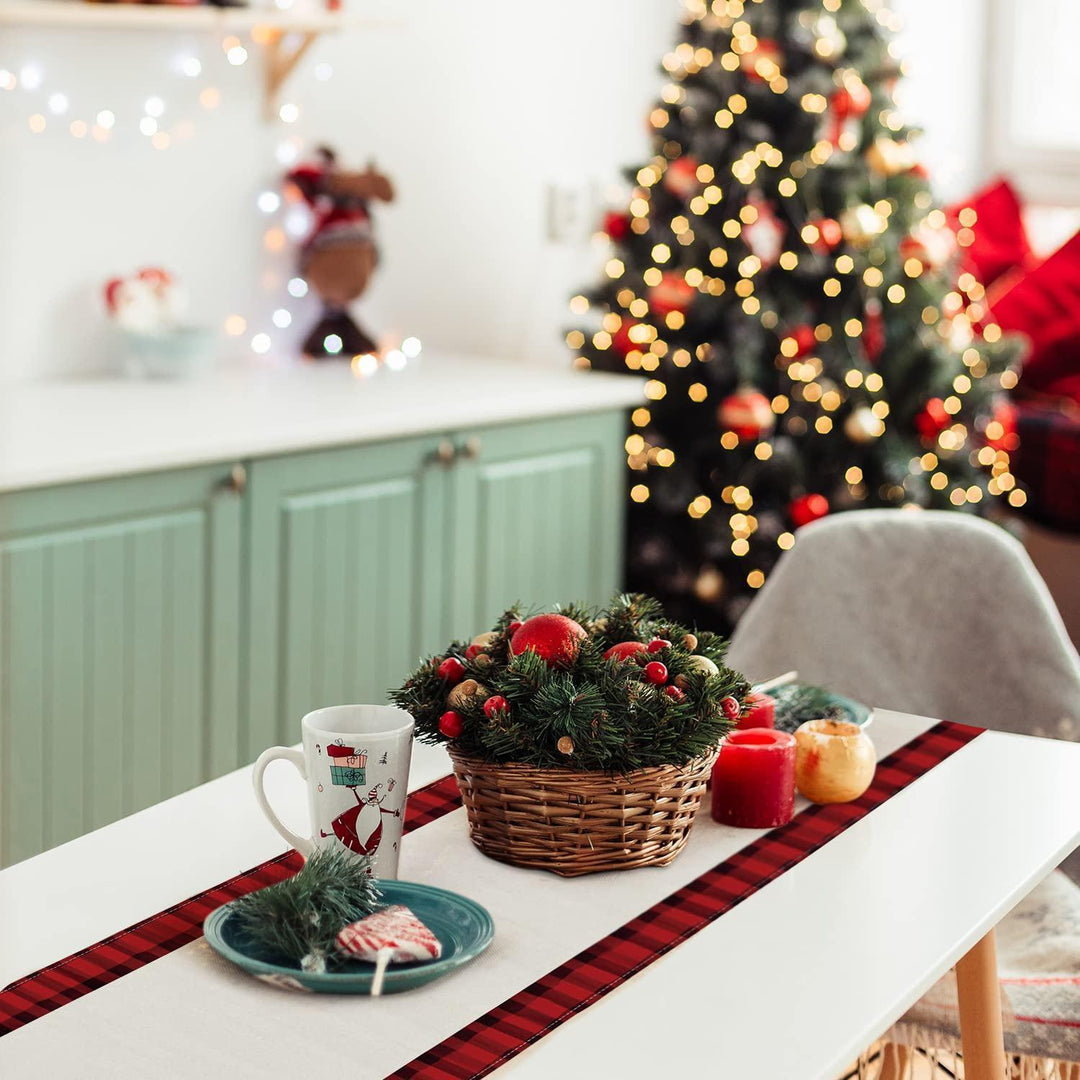 Weihnachtlicher Tischläufer aus Leinen in Rot | 180 x 33 cm mit Weihnachtsbaum-Motiv, moderne Tischdeko für Weihnachten und Advent