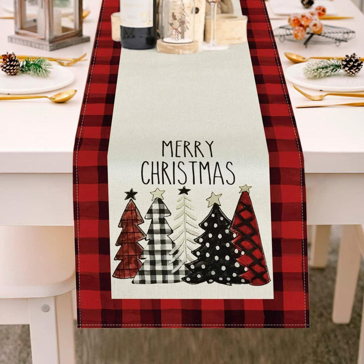 Weihnachtlicher Tischläufer aus Leinen in Rot | 180 x 33 cm mit Weihnachtsbaum-Motiv, moderne Tischdeko für Weihnachten und Advent