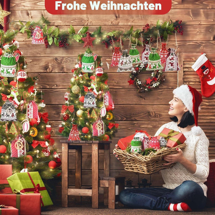Adventskalender zum Befüllen 2026 mit 24 Stoffbeuteln | Wiederverwendbares Set mit Zahlenaufklebern, Holzklammern und 30 m Hanfseil