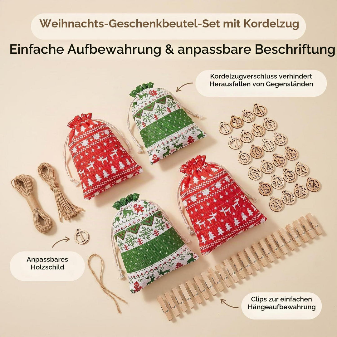 Adventskalender zum Befüllen 2026 mit 24 Stoffbeuteln | Wiederverwendbares Set mit Zahlenaufklebern, Holzklammern und 30 m Hanfseil