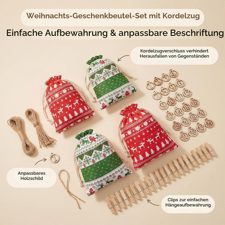 Adventskalender zum Befüllen 2026 mit 24 Stoffbeuteln | Wiederverwendbares Set mit Zahlenaufklebern, Holzklammern und 30 m Hanfseil