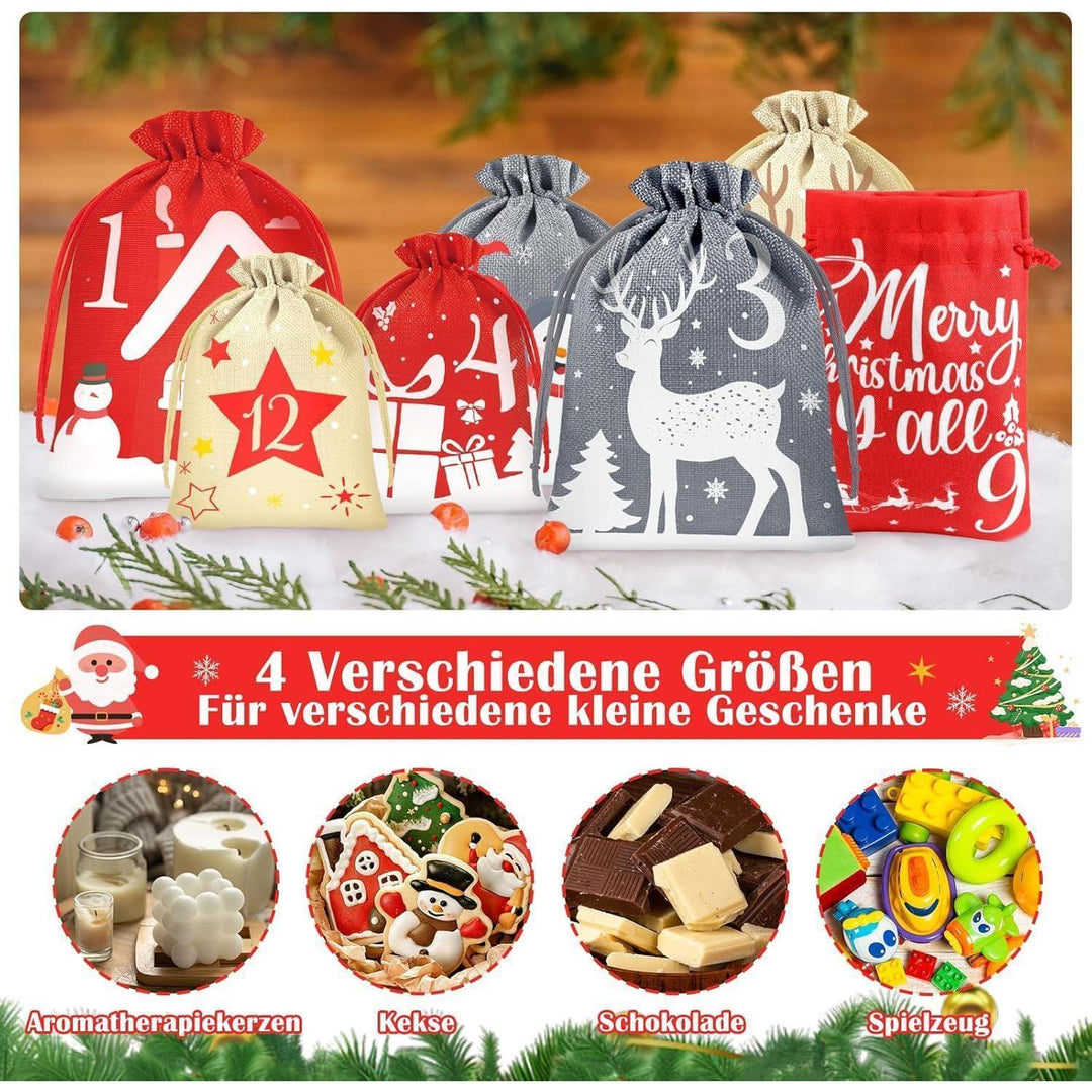Adventskalender 2026 zum Befüllen mit 24 Stoffbeuteln | Wiederverwendbare Weihnachtssäckchen in 4 Größen mit Holzklammern und Juteschnur