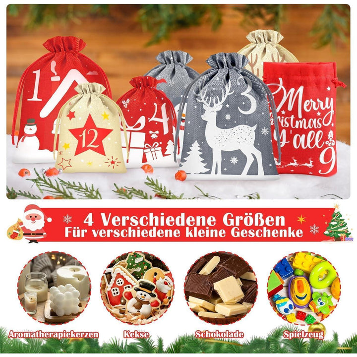 Adventskalender 2026 zum Befüllen mit 24 Stoffbeuteln | Wiederverwendbare Weihnachtssäckchen in 4 Größen mit Holzklammern und Juteschnur