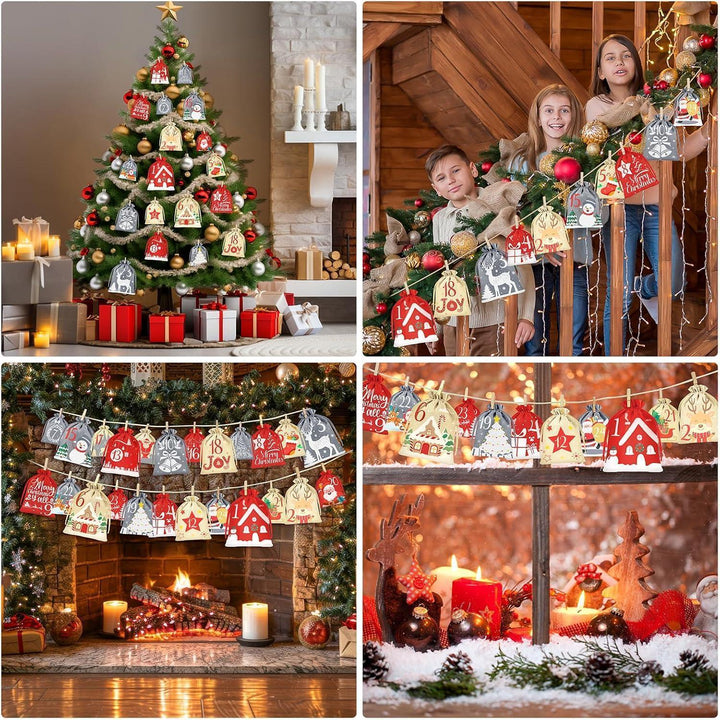 Adventskalender 2026 zum Befüllen mit 24 Stoffbeuteln | Wiederverwendbare Weihnachtssäckchen in 4 Größen mit Holzklammern und Juteschnur