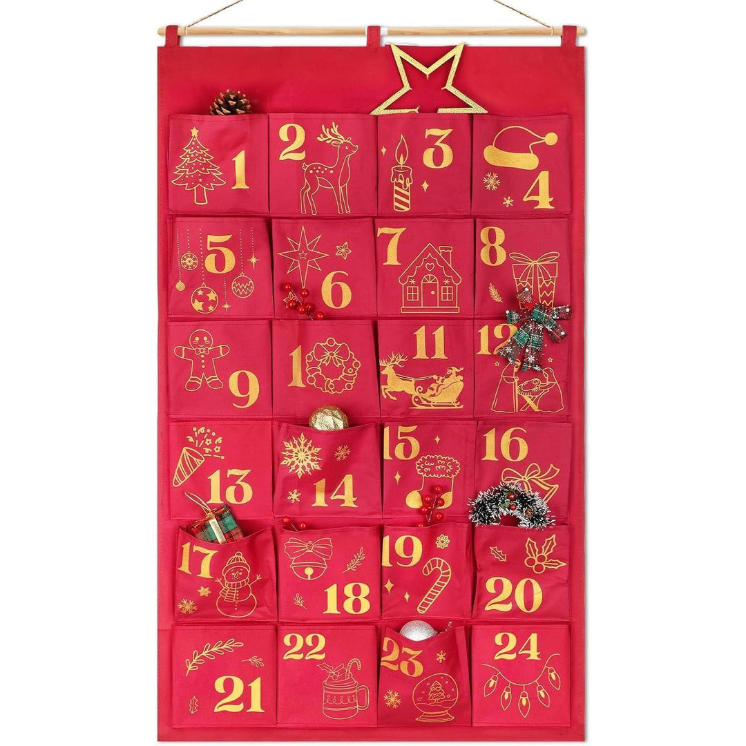 Adventskalender zum Befüllen mit 24 Glitzer-Säckchen | Große Stoffbeutel in Rotgold zum Aufhängen, wiederverwendbar für Weihnachten