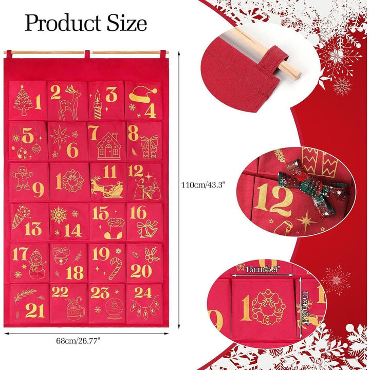 Adventskalender zum Befüllen mit 24 Glitzer-Säckchen | Große Stoffbeutel in Rotgold zum Aufhängen, wiederverwendbar für Weihnachten