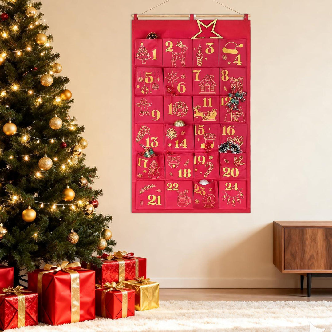 Adventskalender zum Befüllen mit 24 Glitzer-Säckchen | Große Stoffbeutel in Rotgold zum Aufhängen, wiederverwendbar für Weihnachten