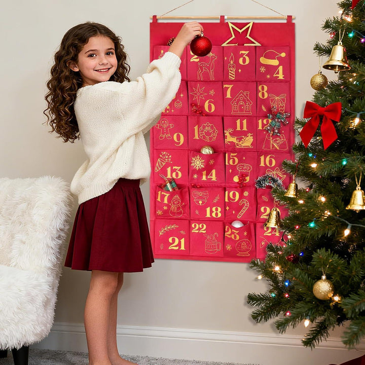 Adventskalender zum Befüllen mit 24 Glitzer-Säckchen | Große Stoffbeutel in Rotgold zum Aufhängen, wiederverwendbar für Weihnachten