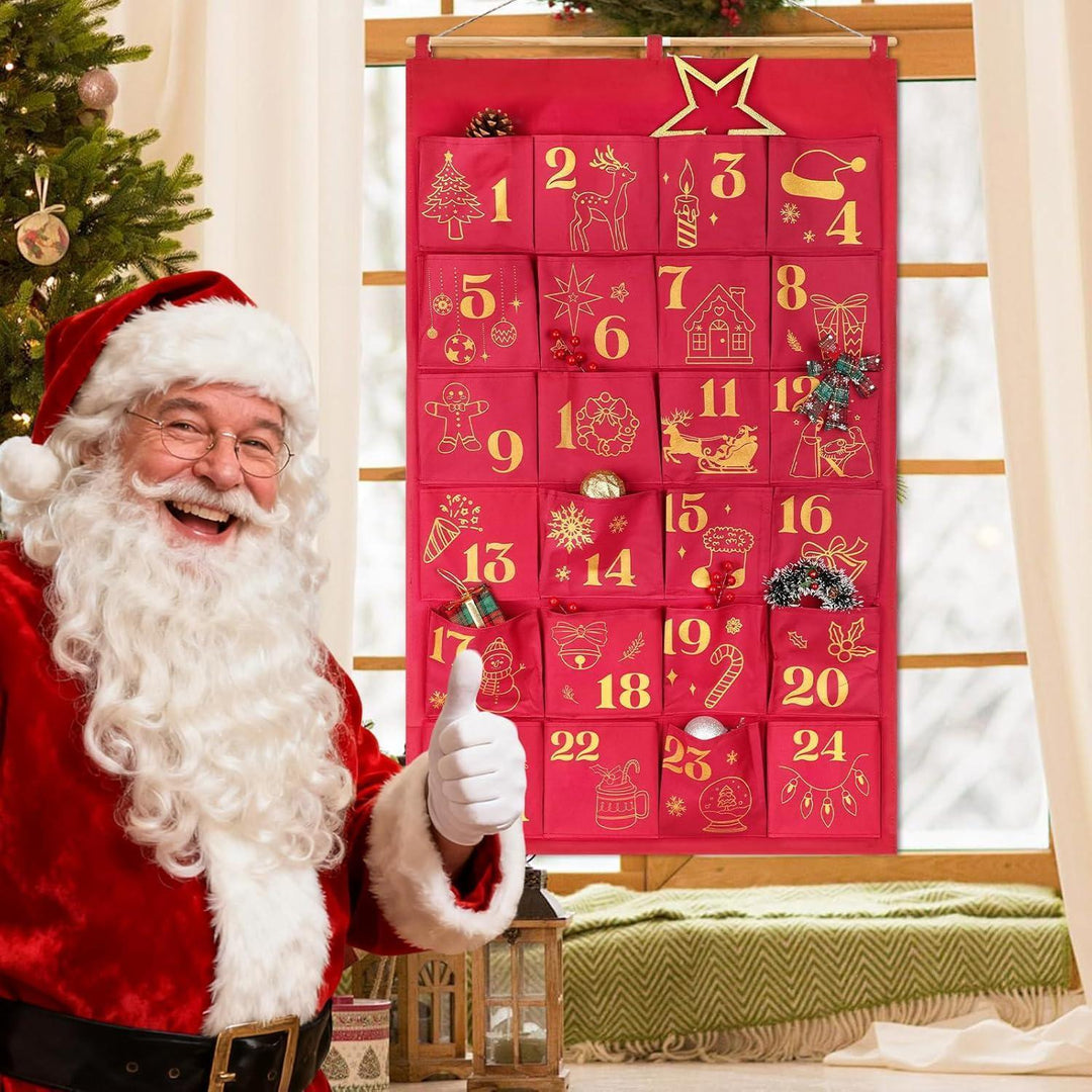 Adventskalender zum Befüllen mit 24 Glitzer-Säckchen | Große Stoffbeutel in Rotgold zum Aufhängen, wiederverwendbar für Weihnachten