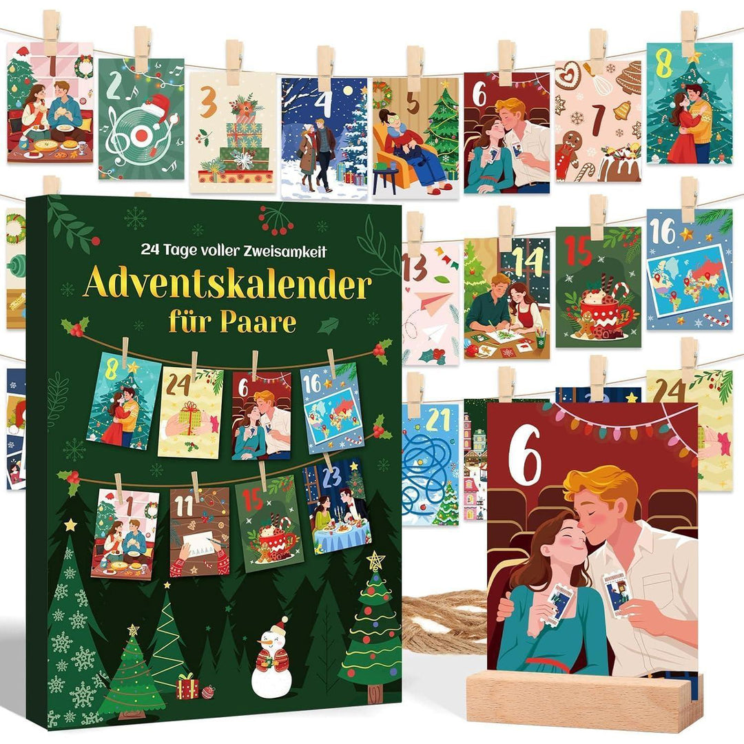 Adventskalender für Paare 2026 mit 24 Aufgabenkarten | Romantischer Paar-Adventskalender mit Holzständer, Holzklammern und Juteseil