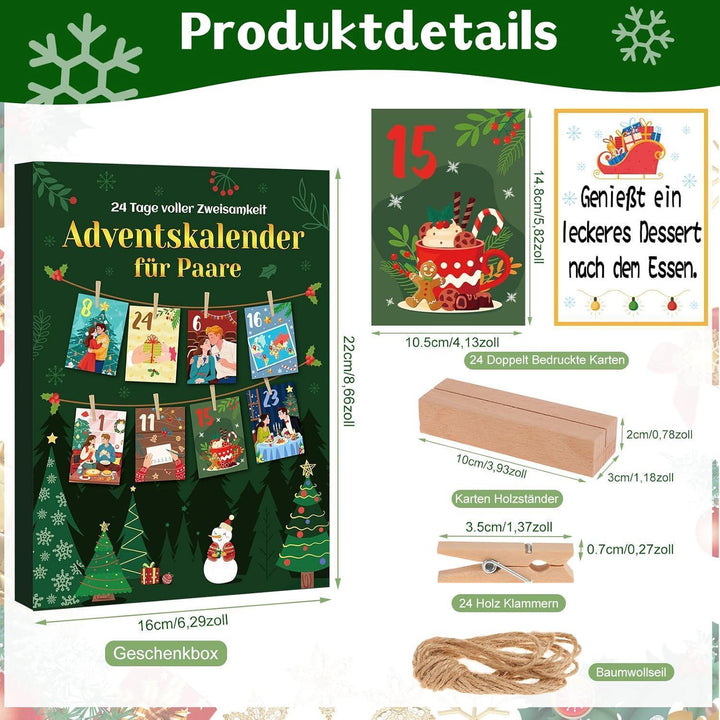Adventskalender für Paare 2026 mit 24 Aufgabenkarten | Romantischer Paar-Adventskalender mit Holzständer, Holzklammern und Juteseil