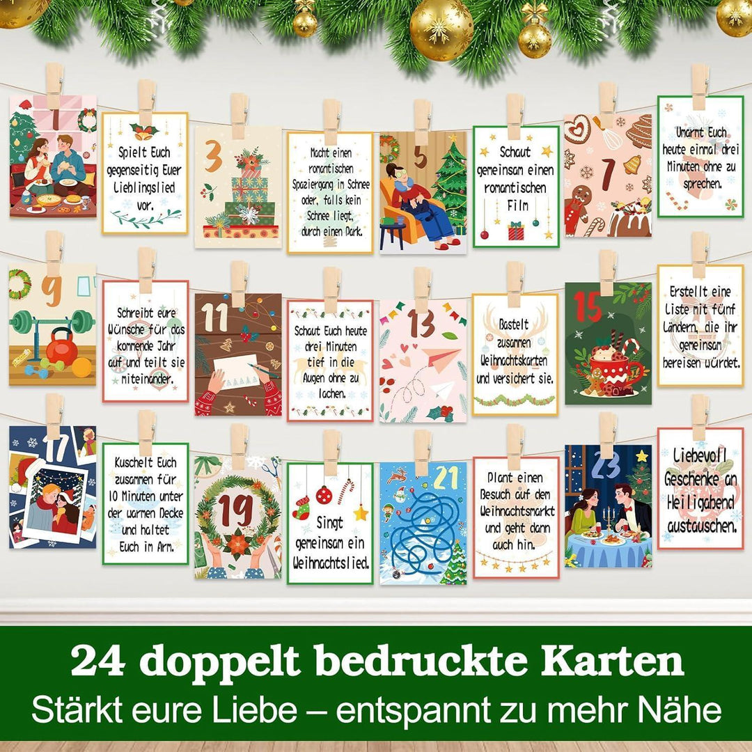 Adventskalender für Paare 2026 mit 24 Aufgabenkarten | Romantischer Paar-Adventskalender mit Holzständer, Holzklammern und Juteseil