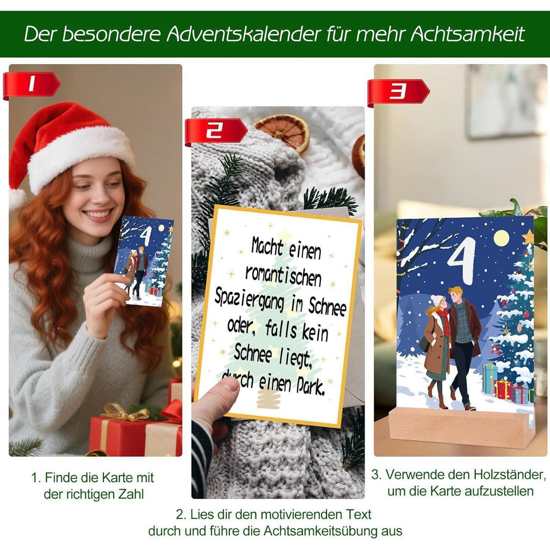 Adventskalender für Paare 2026 mit 24 Aufgabenkarten | Romantischer Paar-Adventskalender mit Holzständer, Holzklammern und Juteseil