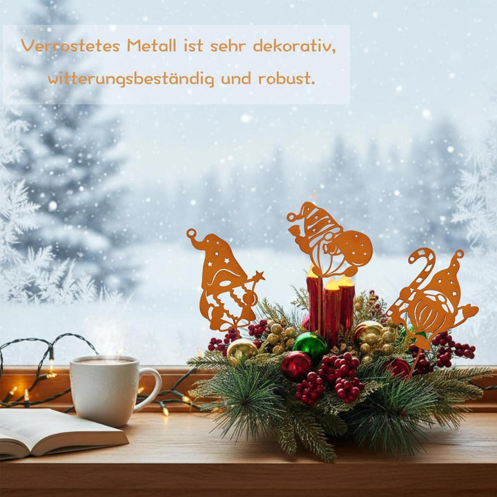 Weihnachtswichtel Gartenstecker 3er Set aus Metall | Wetterfeste Rostdeko 12 x 31 cm für Garten, Balkon und Blumentöpfe