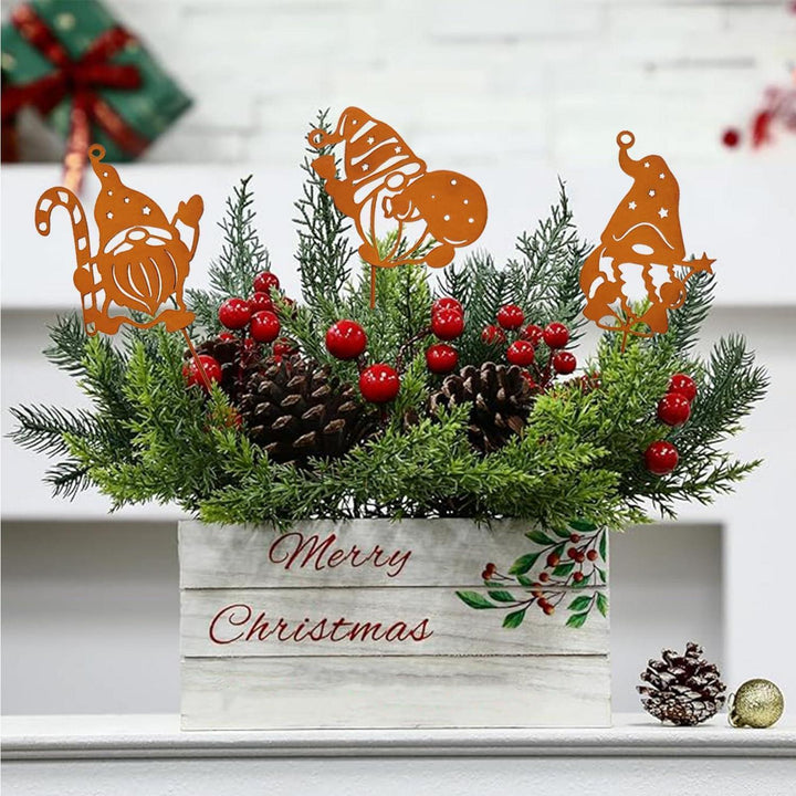 Weihnachtswichtel Gartenstecker 3er Set aus Metall | Wetterfeste Rostdeko 12 x 31 cm für Garten, Balkon und Blumentöpfe