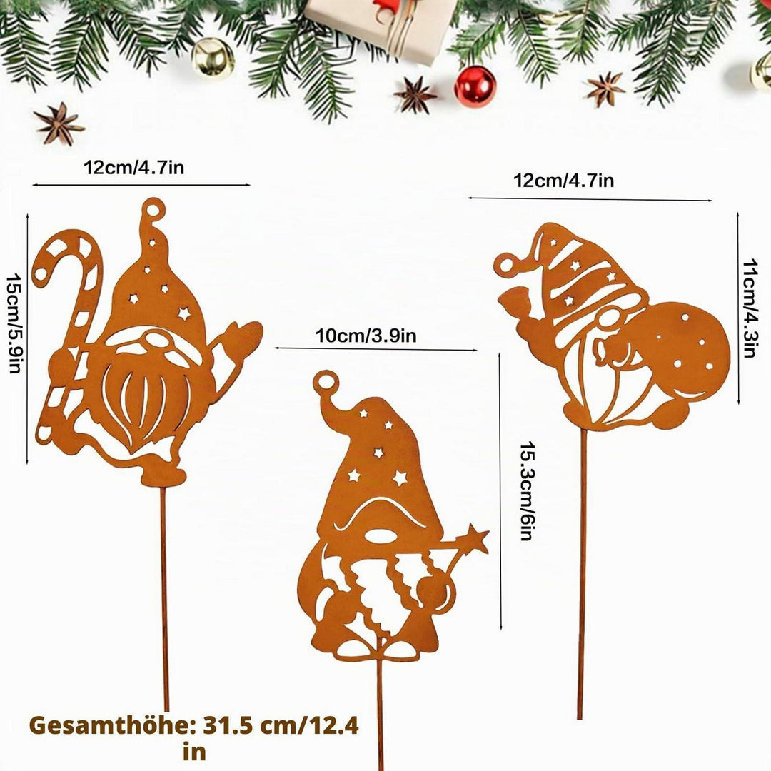 Weihnachtswichtel Gartenstecker 3er Set aus Metall | Wetterfeste Rostdeko 12 x 31 cm für Garten, Balkon und Blumentöpfe