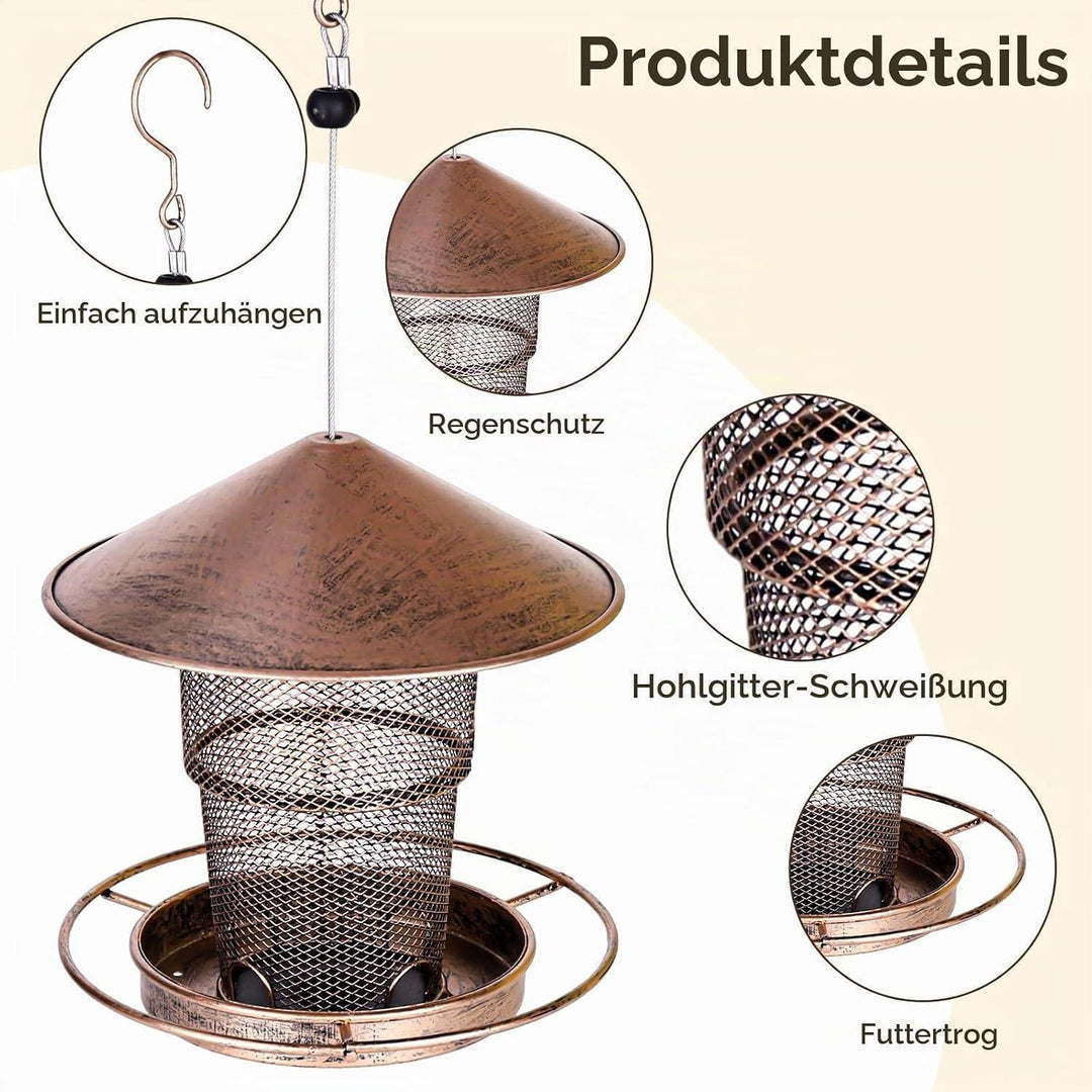 Vogelfutterhaus zum Aufhängen | Wetterfeste Futterstation mit großem Futtersilo, Regenschutz und Ablauföffnungen für Garten und Balkon