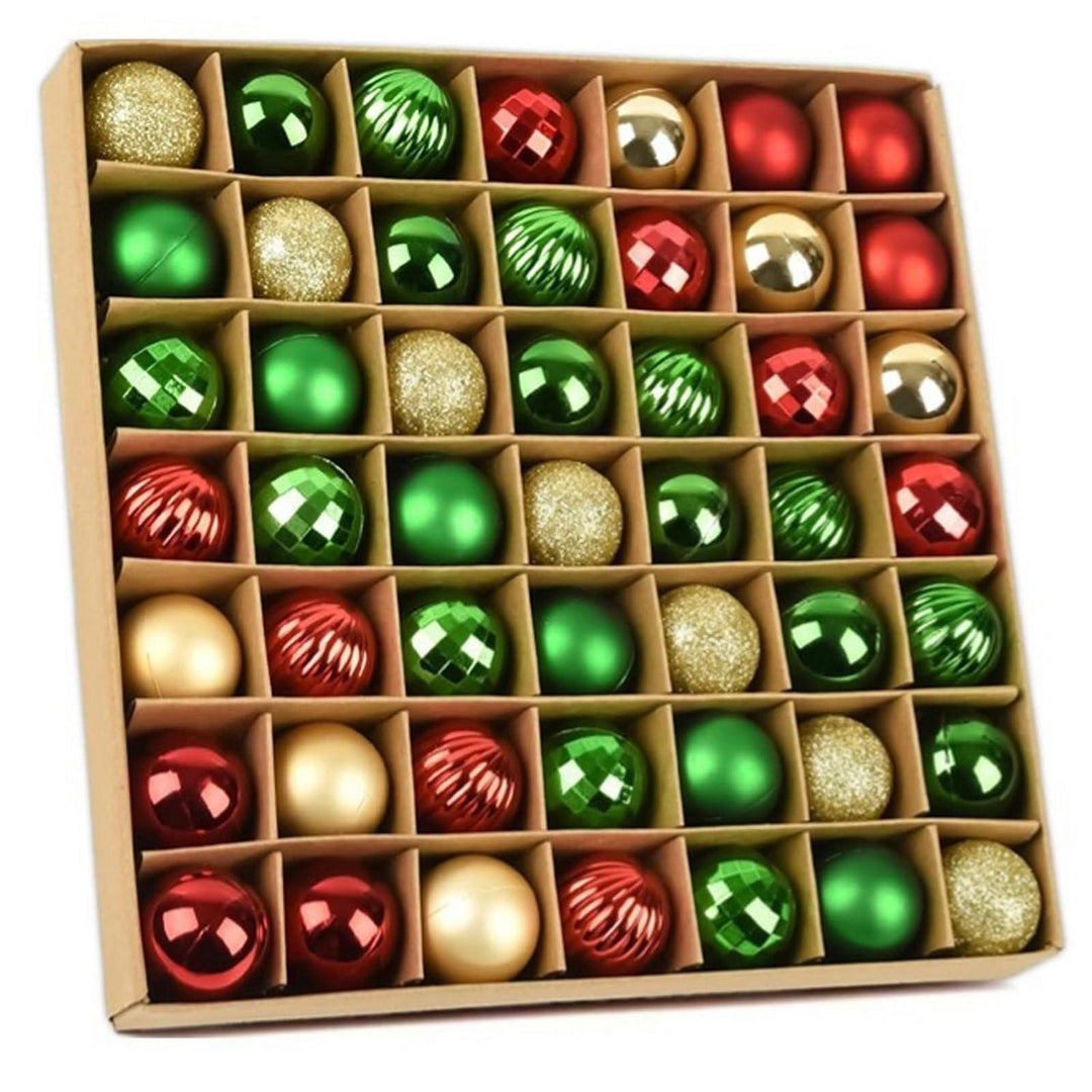 Mini-Weihnachtskugeln 49er Set 3 cm bruchsicher | Christbaumkugeln in Rot, Grün und Gold mit Aufhängeschlaufen und Aufbewahrungsbox