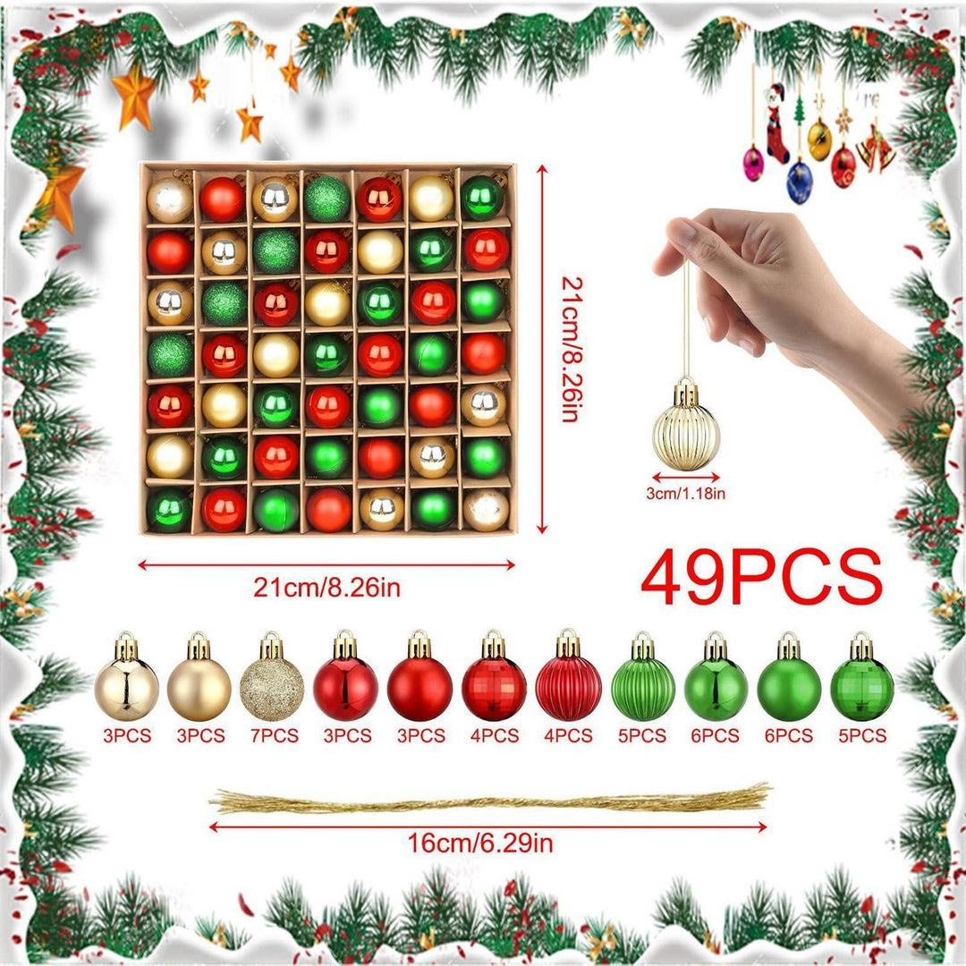 Mini-Weihnachtskugeln 49er Set 3 cm bruchsicher | Christbaumkugeln in Rot, Grün und Gold mit Aufhängeschlaufen und Aufbewahrungsbox