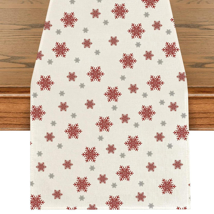 Weihnachtlicher Tischläufer aus Leinen mit Schneeflocken | Rot-weißes Weihnachtsdesign, 40 x 180 cm, waschbare Tischdeko für 4–6 Personen