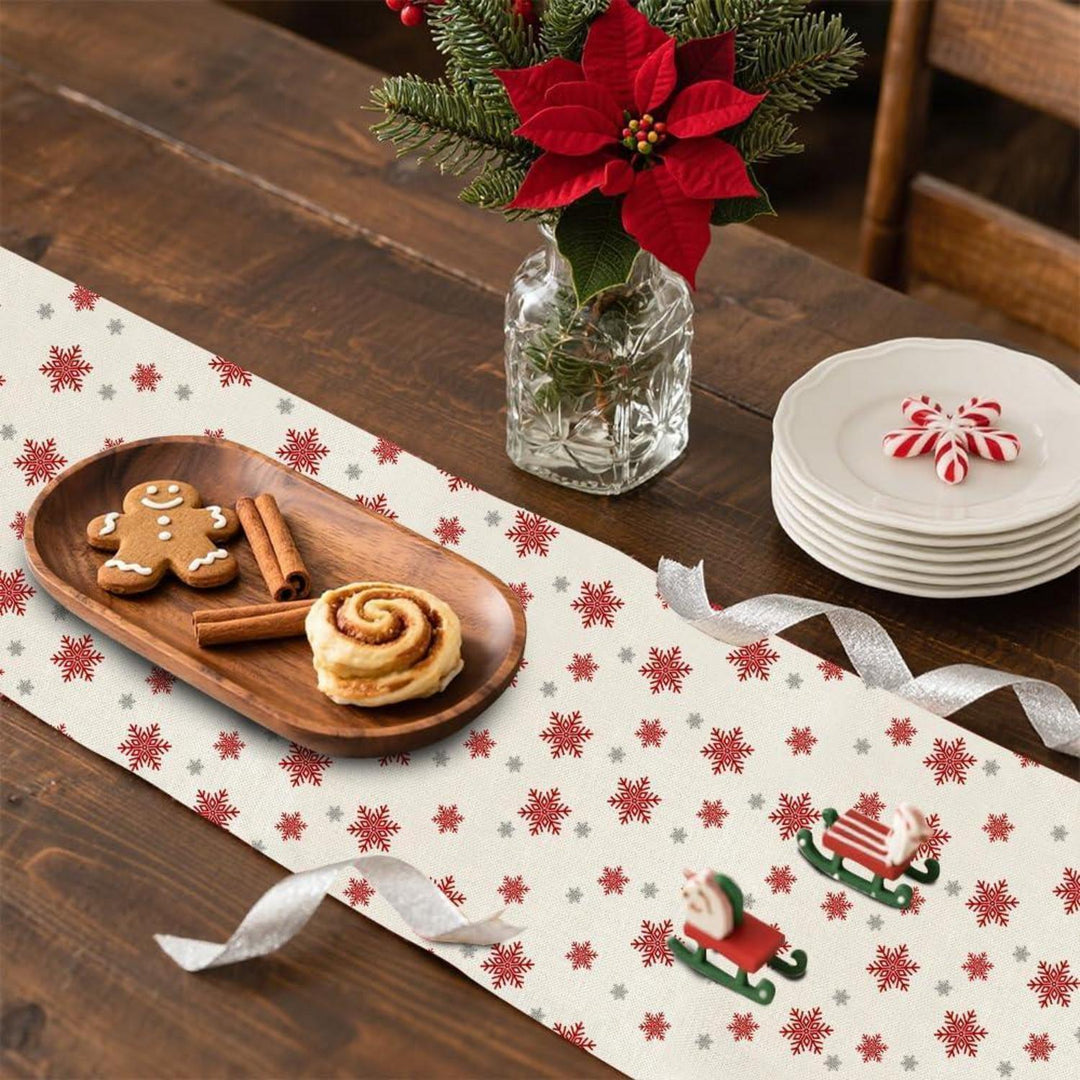 Weihnachtlicher Tischläufer aus Leinen mit Schneeflocken | Rot-weißes Weihnachtsdesign, 40 x 180 cm, waschbare Tischdeko für 4–6 Personen