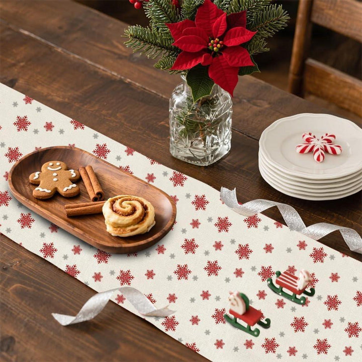 Weihnachtlicher Tischläufer aus Leinen mit Schneeflocken | Rot-weißes Weihnachtsdesign, 40 x 180 cm, waschbare Tischdeko für 4–6 Personen