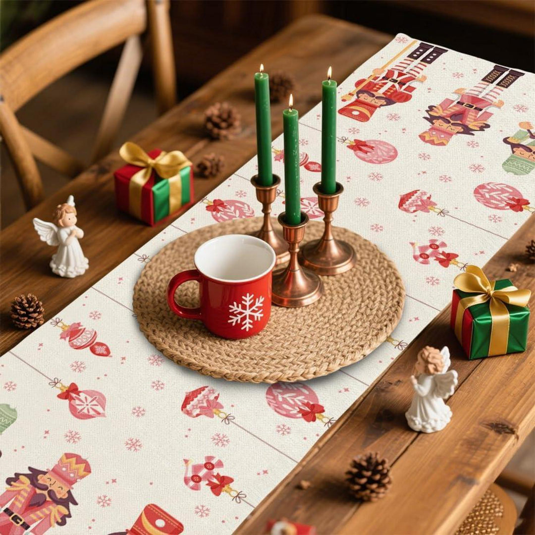 Weihnachtlicher Tischläufer aus Leinen mit Schneeflocken | Rot-weißes Weihnachtsdesign, 40 x 180 cm, waschbare Tischdeko für 4–6 Personen