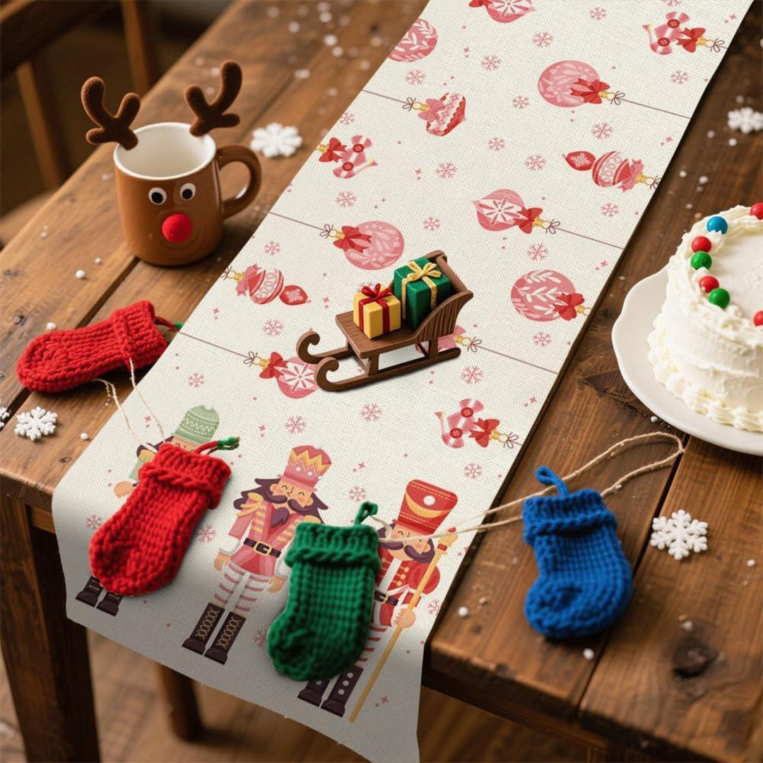 Weihnachtlicher Tischläufer aus Leinen mit Schneeflocken | Rot-weißes Weihnachtsdesign, 40 x 180 cm, waschbare Tischdeko für 4–6 Personen