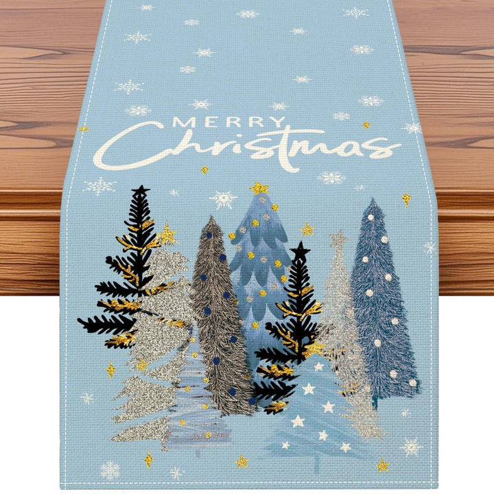 Weihnachtlicher Tischläufer Hellblau 40 x 140 cm | Waschbare Tischdeko mit Weihnachtsbaum und Merry-Christmas-Motiv für 2–4 Personen