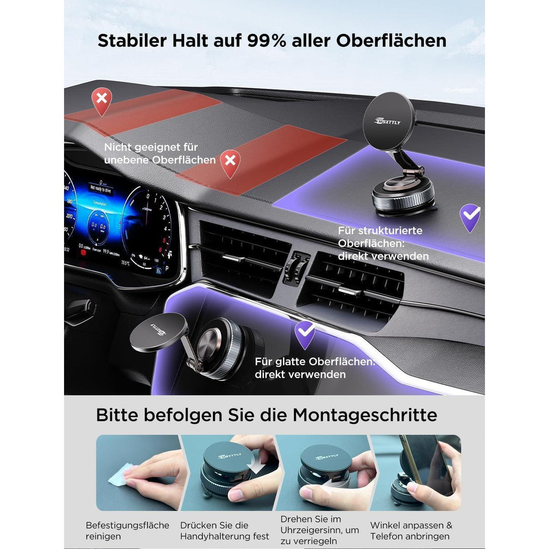Magnetische Handyhalterung Auto mit MagSafe und Vakuum-Saugnapf | 22 N52-Magnete, 360° drehbar, 180° neigbar und einklappbar