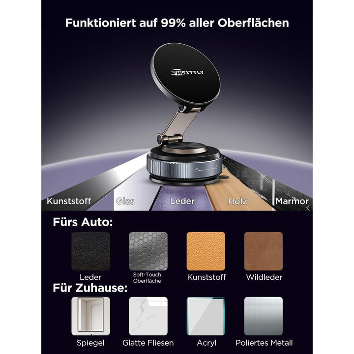 Magnetische Handyhalterung Auto mit MagSafe und Vakuum-Saugnapf | 22 N52-Magnete, 360° drehbar, 180° neigbar und einklappbar