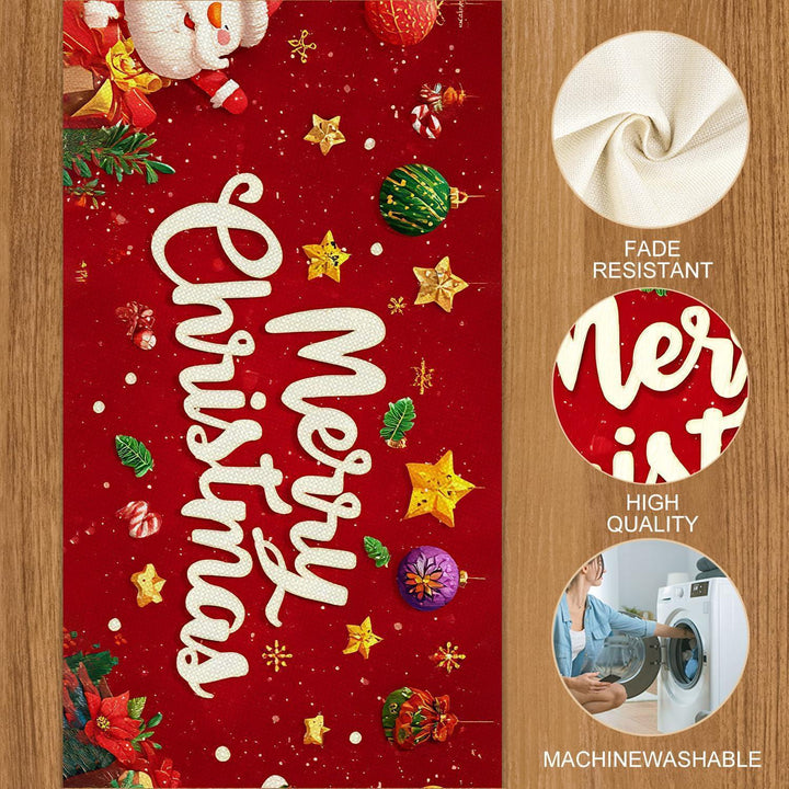 Weihnachtlicher Tischläufer Rot 40 x 100 cm | Frohe Weihnachten mit Schneemann, Weihnachtsbaum und Schneeflocken, waschbare Tischdeko