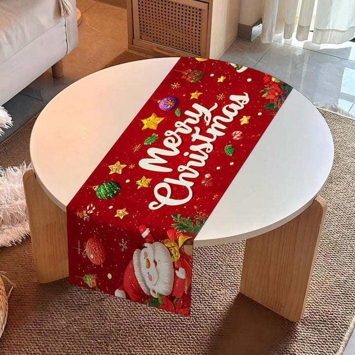 Weihnachtlicher Tischläufer Rot 40 x 100 cm | Frohe Weihnachten mit Schneemann, Weihnachtsbaum und Schneeflocken, waschbare Tischdeko