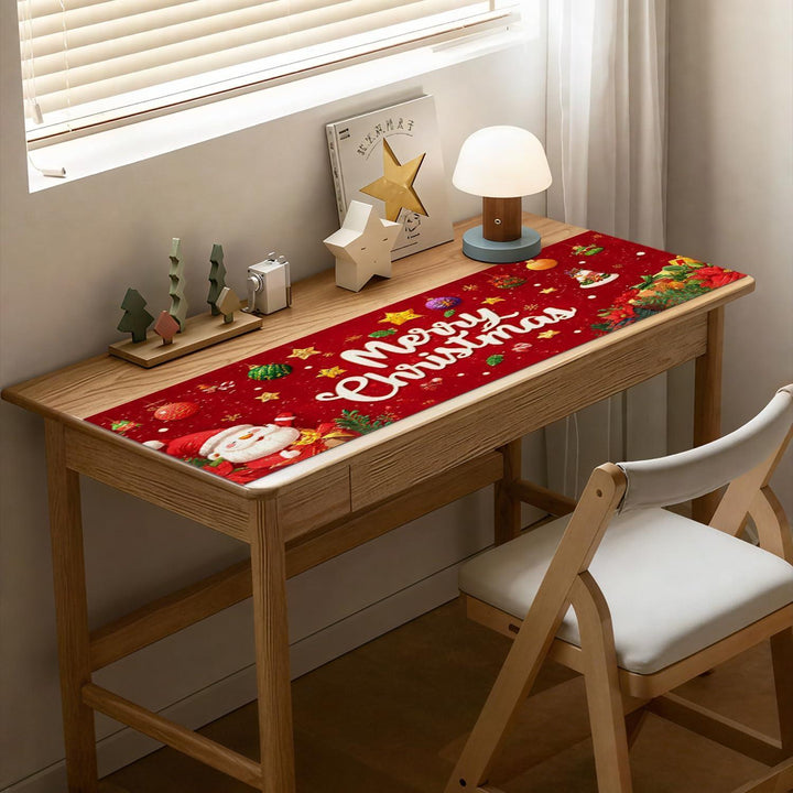 Weihnachtlicher Tischläufer Rot 40 x 100 cm | Frohe Weihnachten mit Schneemann, Weihnachtsbaum und Schneeflocken, waschbare Tischdeko