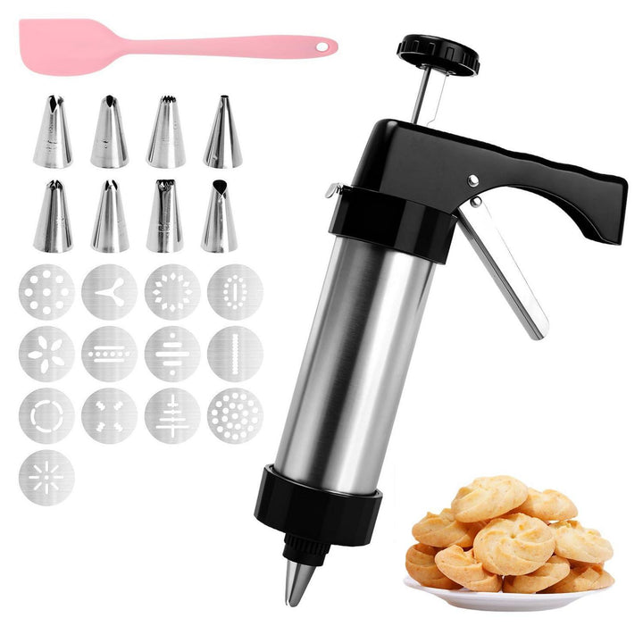 Gebäckpresse Set aus Edelstahl mit 13 Formen | Spritzgebäckpresse mit 8 Tüllen und Silikonspatel für Kekse, Kuchen und Desserts
